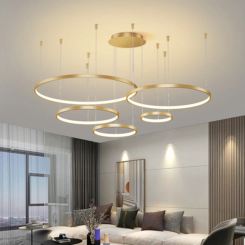 Black acrylic ring chandelier with painted aluminium channels and remote