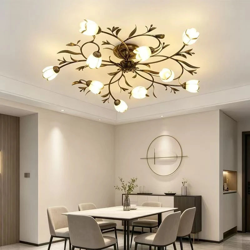 European retro branch chandelier with glass shades and three-color LED light