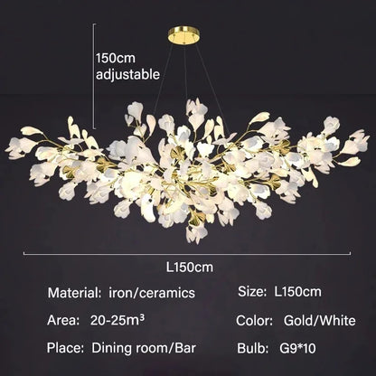 Ginkgo leaf chandelier shown in natural 4200K light with silver finish