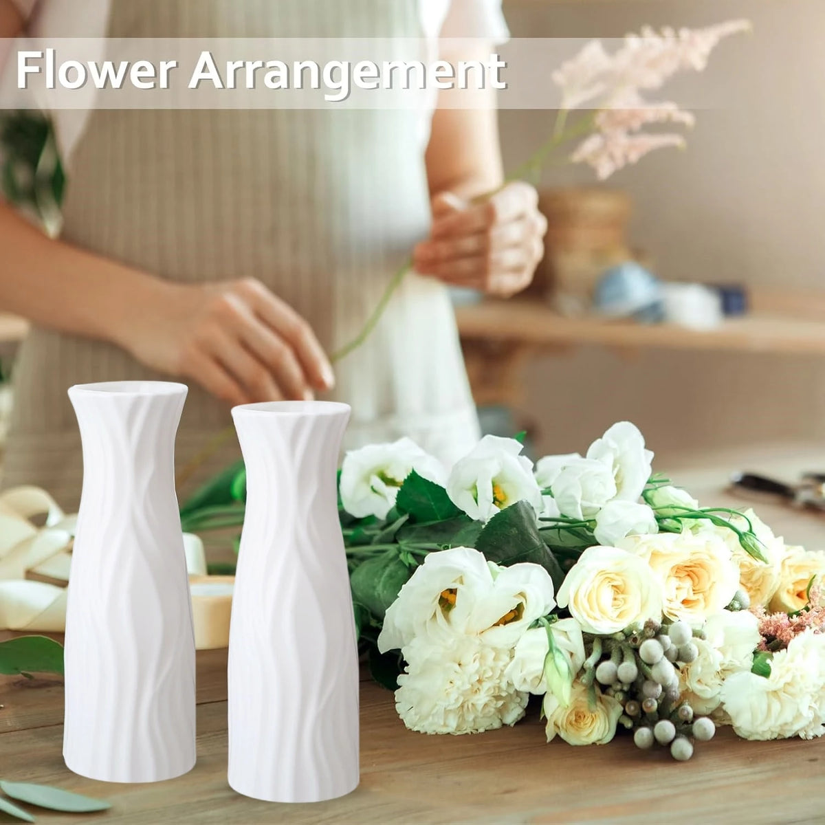 Nordic style small white vases styled on wooden table runner
