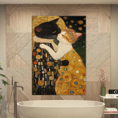 Klimt Kiss Cat Parody Abstract Canvas Wall Art