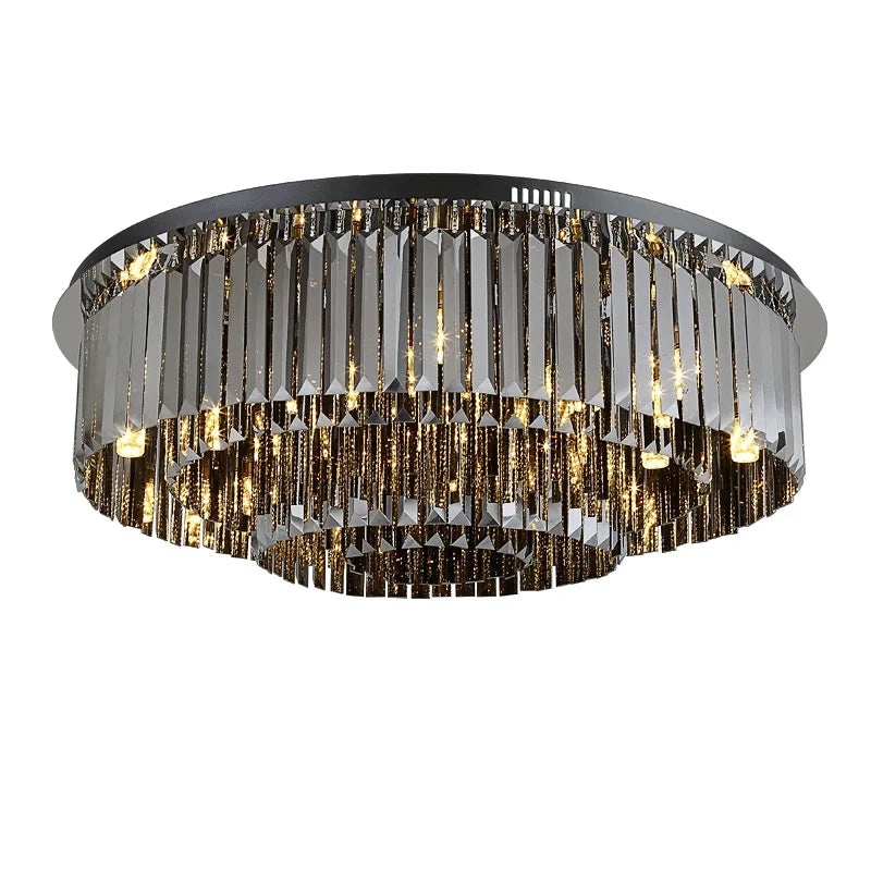 Black crystal chandelier showing the natural light output of its LED bulbs