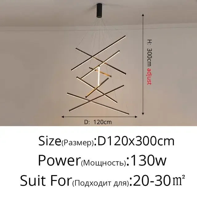 Seven bar staircase chandelier at 39.4 in wide in a duplex void