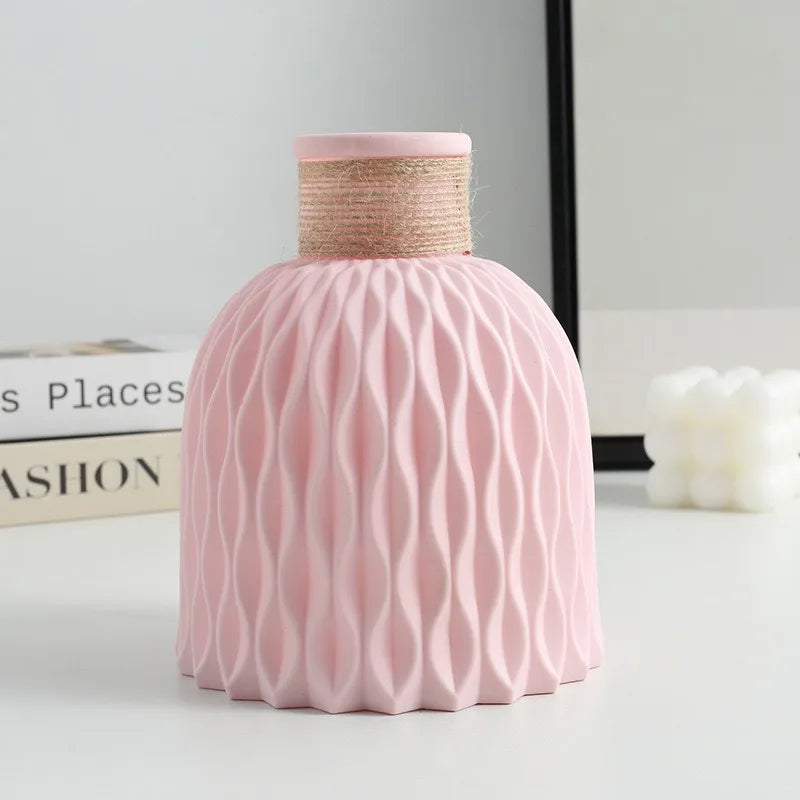 White pineapple twine plastic vase for dried flowers on bohemian home display