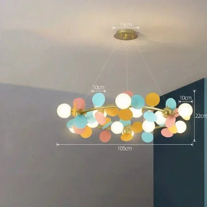 Flower branch chandelier lit in cold white 6000K across its globes