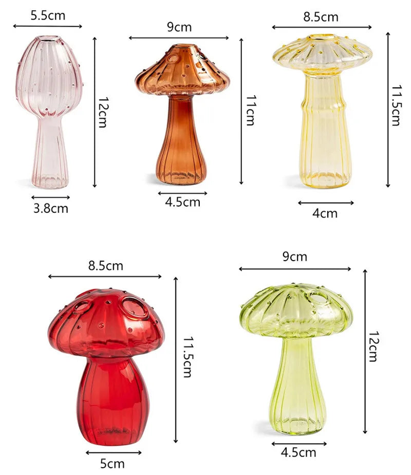 Five mini mushroom glass vases in all five colors shown together