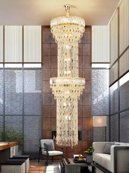 Two layer crystal chandelier, 23.6 inches wide by 78.7 inch drop