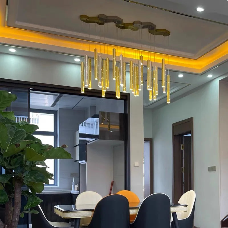 Linear metal tube chandelier in a six head single row configuration