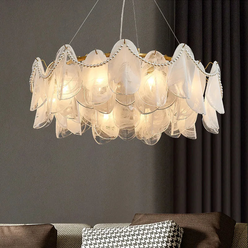 Gold glass chandelier at 31.5 in across in warm 3000K light