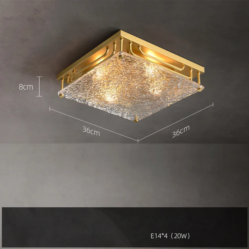 Square water ripple glass chandelier on a plated gold steel frame