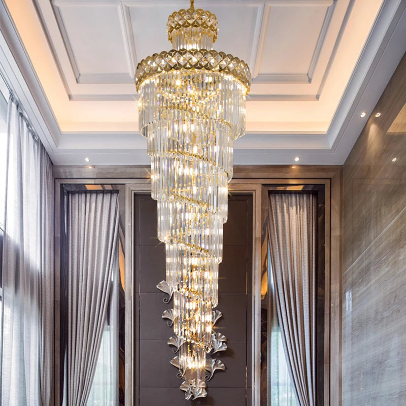 Nickel finished iron frame carrying spiralling crystal chandelier shades