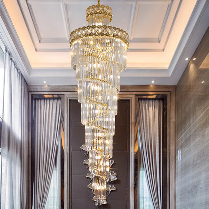 Nickel finished iron frame carrying spiralling crystal chandelier shades