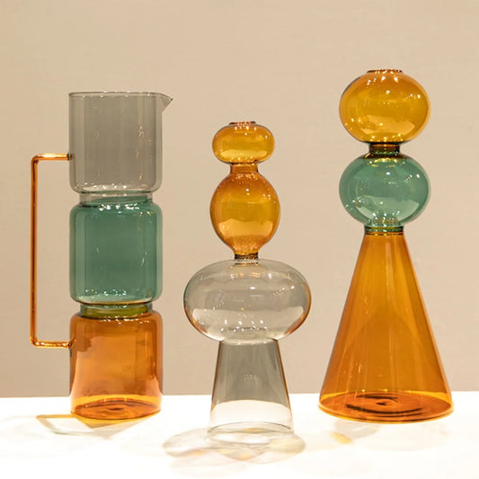 Style A double-layer colored glass vase in warm amber tone on shelf