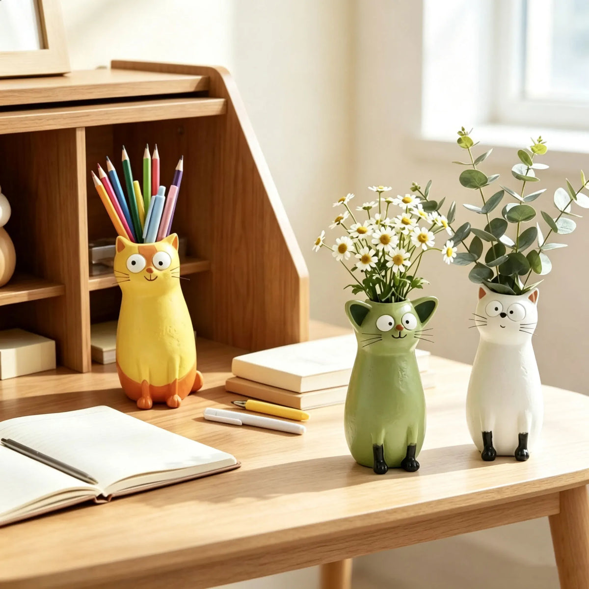 Three kitten resin novelty vases in white yellow and green grouped on tabletop