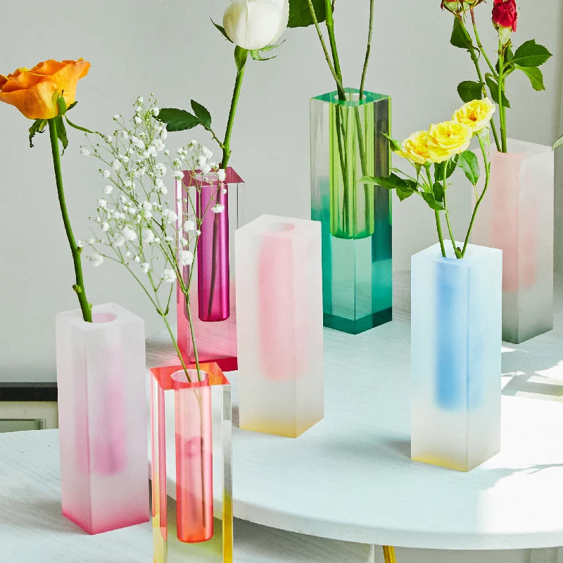 Pink-yellow frosted acrylic pillar bud vase tall style close-up gradient detail