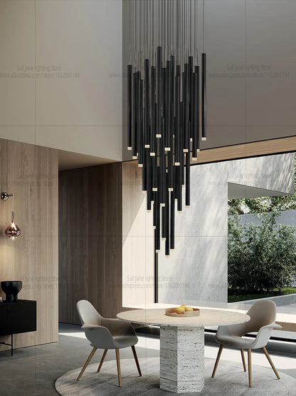 Nine head rod chandelier, 15.7 inches square by 78.7 inch drop, black