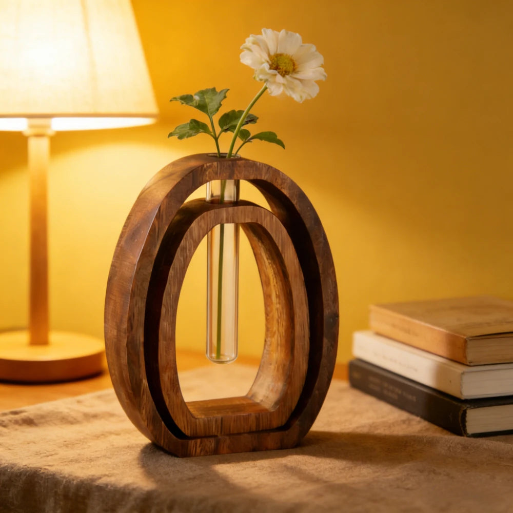 Walnut wood glass terrarium hydroponic vase set with wood base