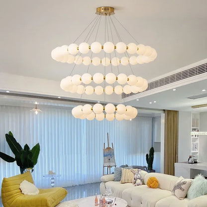 Circular pearl bead chandelier measuring 40.2 in across, semi-flush mounted