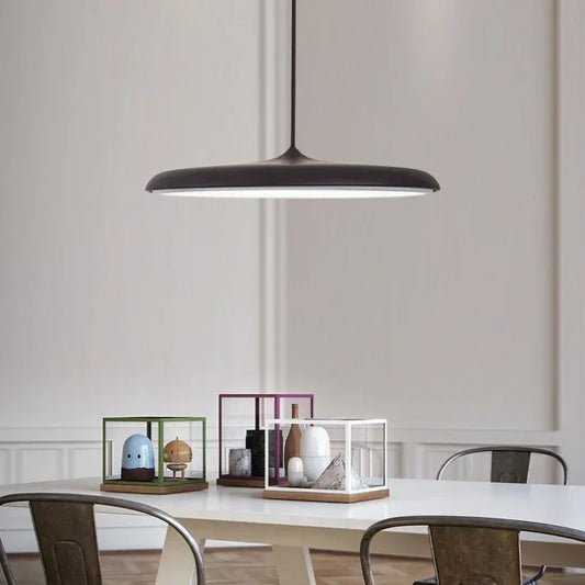 Rounded metal dome chandelier with a shallow saucer shade on a long cable