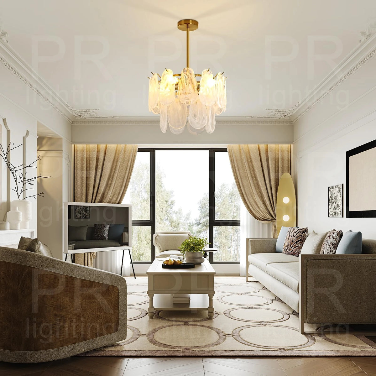 Three tier lantern chandelier at 31.5 in across in warm 3000K light