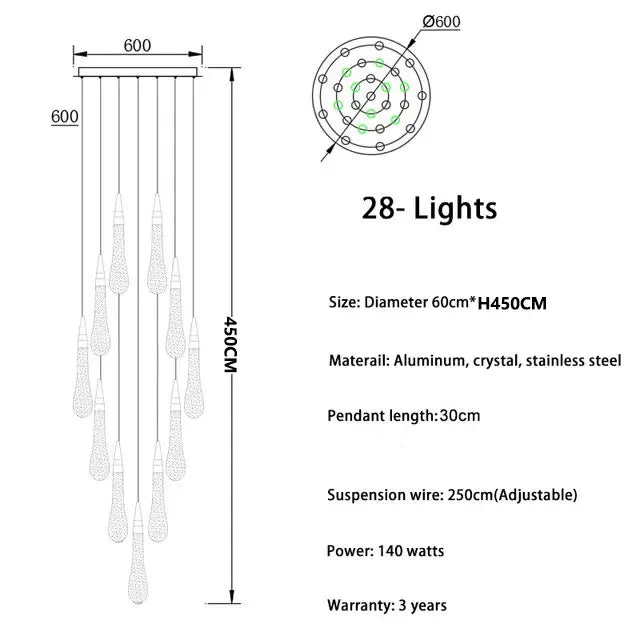 Spiral crystal cluster chandelier with cold white light output