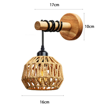 rattan wall sconce, detail view of fixture base and arm