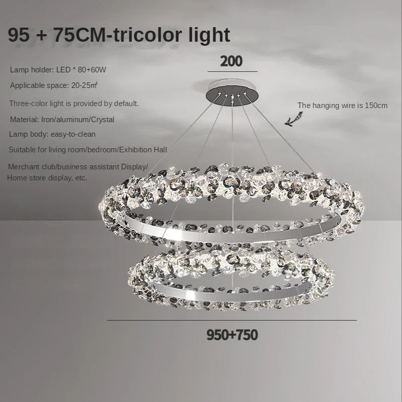 Sunflower crystal ring chandelier shown lit in warm white light