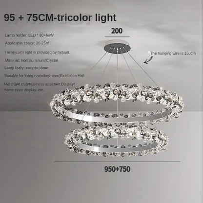 Sunflower crystal ring chandelier shown lit in warm white light
