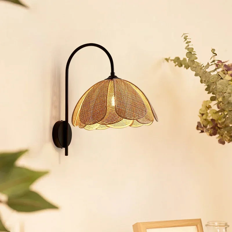 rattan wall sconce, close-up of shade and hardware detail