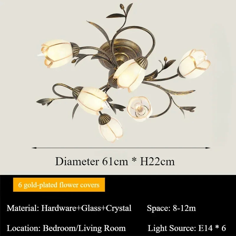 Glass flower chandelier arms in painted iron, non-dimmable three-color light