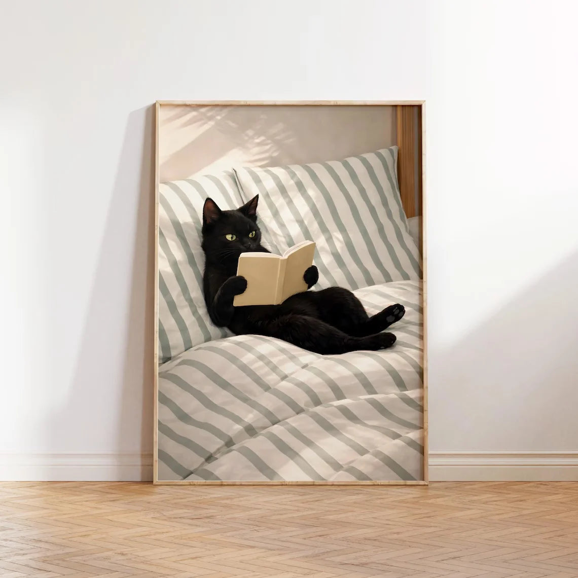 Black Cat Reading Cosy Bedroom Canvas Wall Art