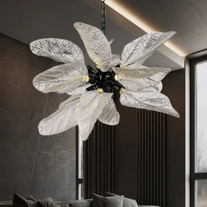Gold plated metal chandelier with layered petals and chain pendant mounting