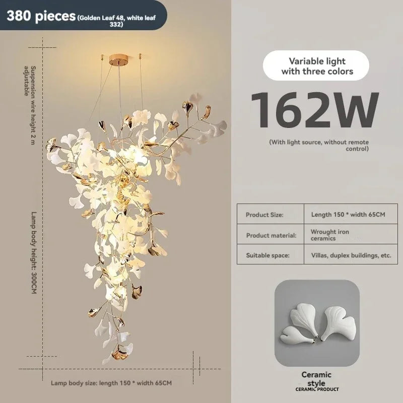 Linear ceramic leaf chandelier, 59.1 inches long with a 157.5 inch drop