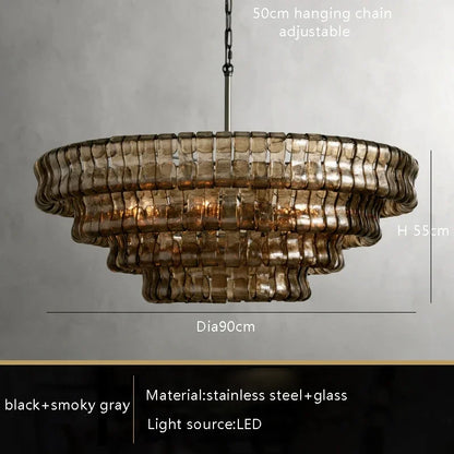 Smoke grey glass chandelier at 35.4 in across, semi-flush mounted