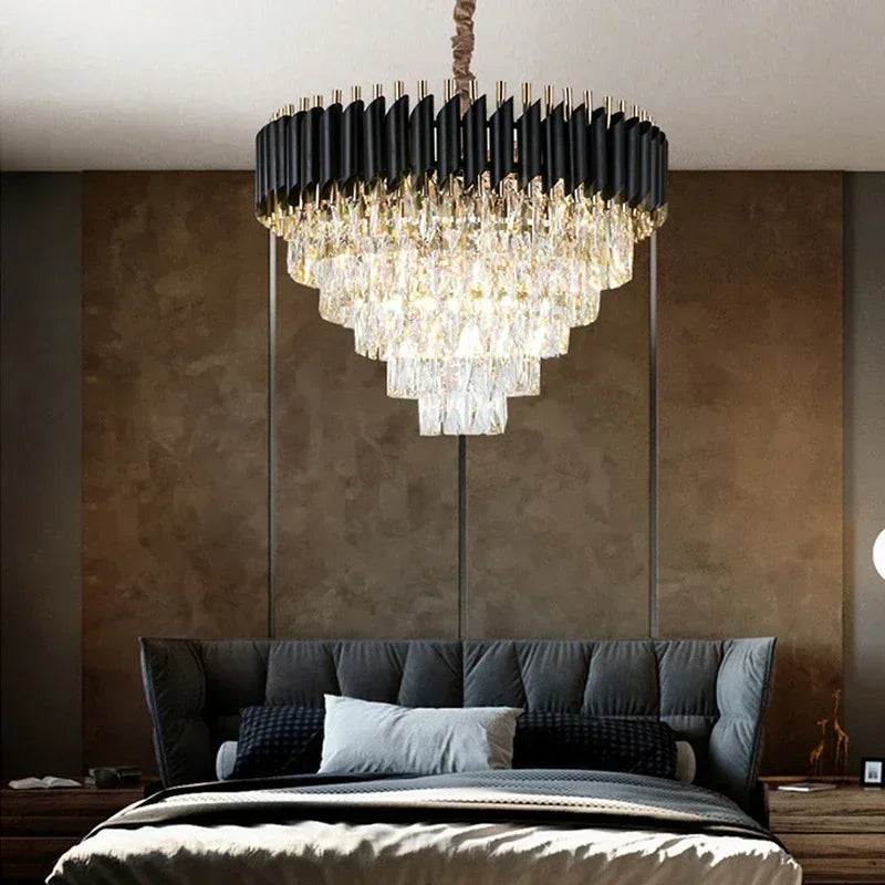 Crystal chandelier at 31.5 in across with downward shade direction