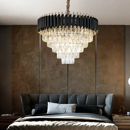 Crystal chandelier at 31.5 in across with downward shade direction