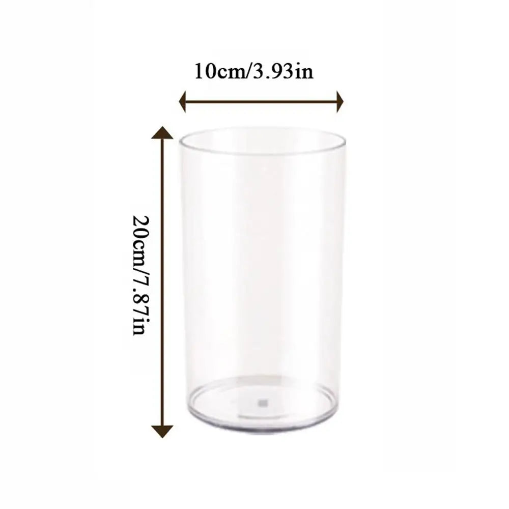 Close-up of clear plastic cylinder vase rim showing shatterproof material