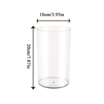 Close-up of clear plastic cylinder vase rim showing shatterproof material