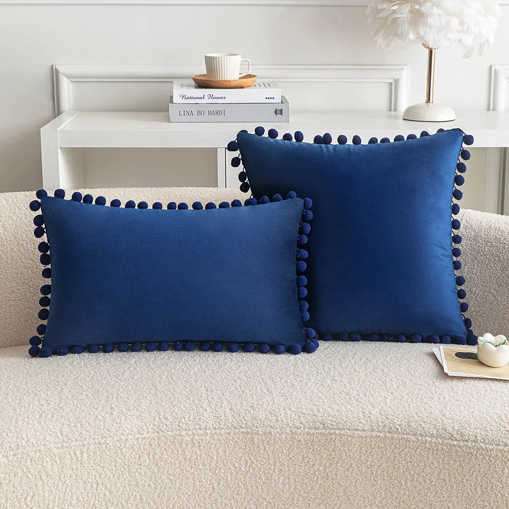 Velvet Pom-Pom Throw Pillow Cover