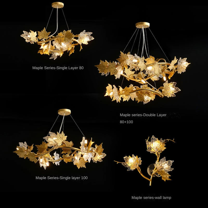 Gold plated alloy chandelier with maple leaf shades on thin branches