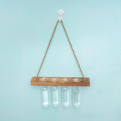 Overhead view of glass test tube vials in wooden plank wall-mounted frame rack