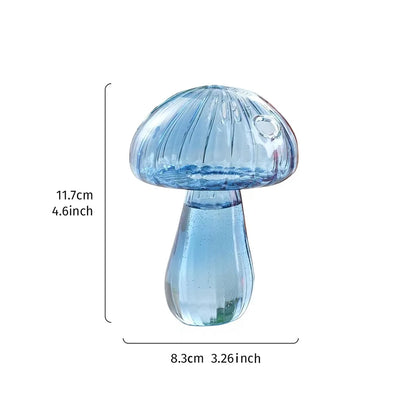 Mushroom shaped glass vases arranged on wooden shelf in eclectic setting
