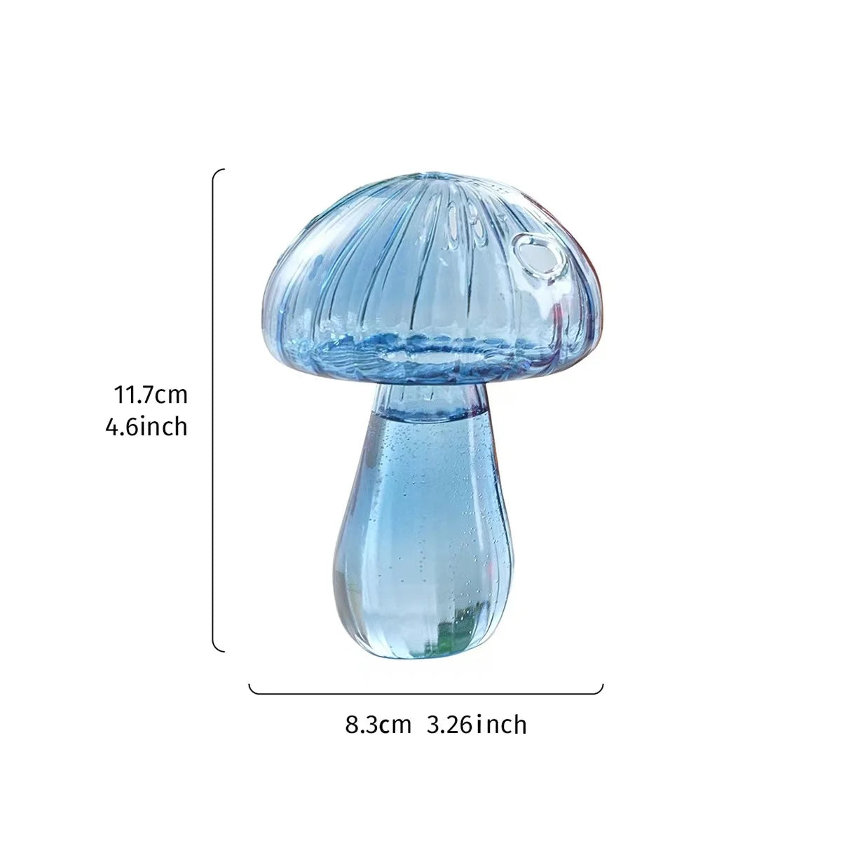 Clear mushroom-shaped glass vase with green leaf stem for desk accent