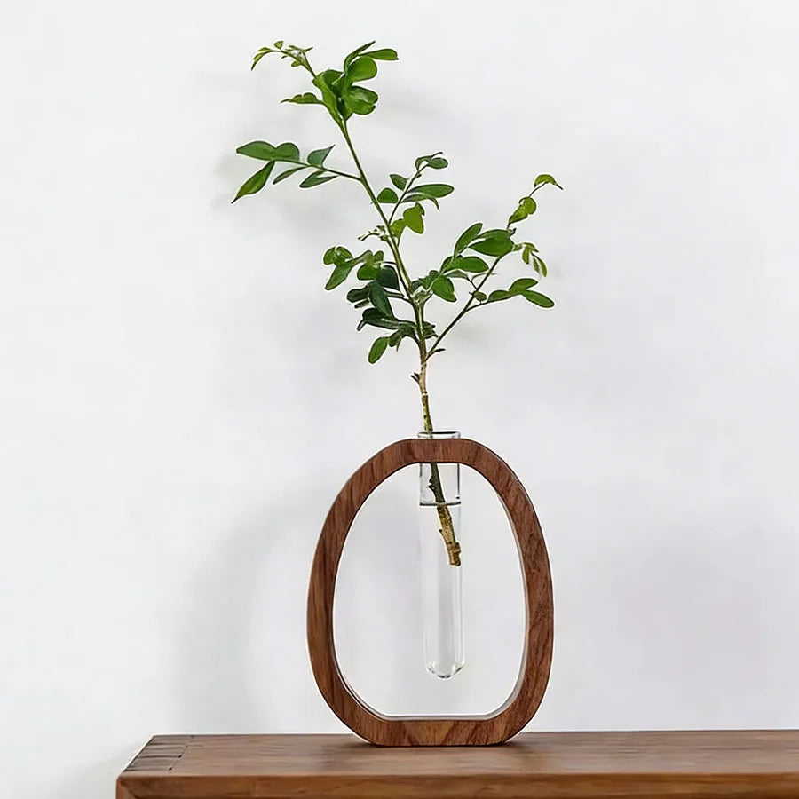 Black walnut wood and glass hydroponic bud vase on minimalist white desk surface