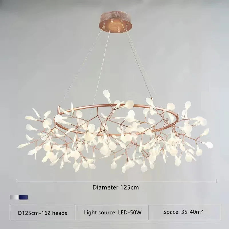 Painted metal firefly chandelier, 38.6 inches wide with 63 acrylic heads