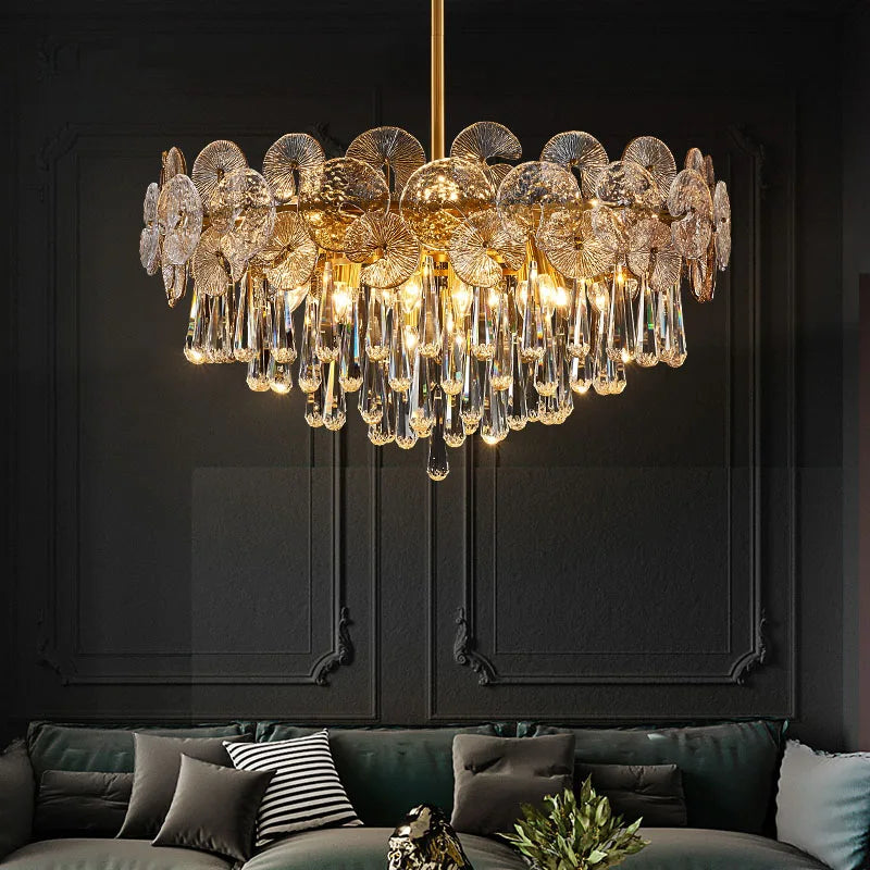 Crystal lotus chandelier, 31.5 in across, built on a metal frame