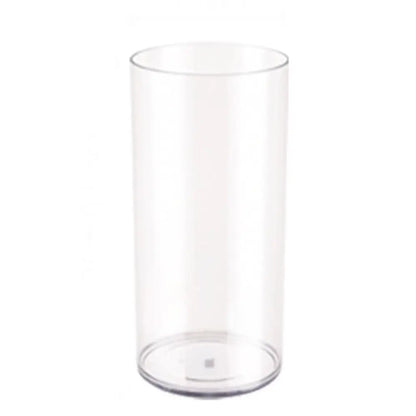 Pair of large clear acrylic cylinder vases flanking a wedding ceremony backdrop