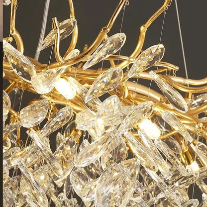 Crystal chain chandelier shown in warm light, 90 to 260V operation