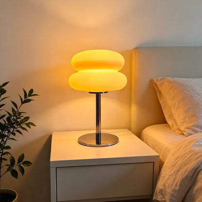 Macaron mushroom lamp white variant soft ambient glow on bedroom shelf