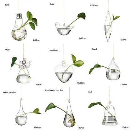 Set of five hanging glass ball vase shapes grouped in a bohemian arrangement